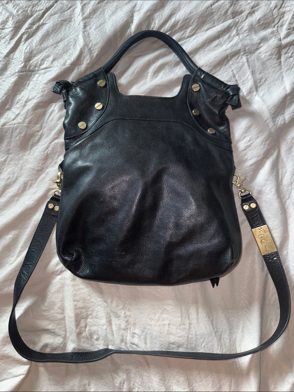 Foley + Corinna Black Leather Shoulder Bag with Gold Studs